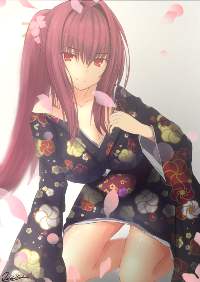 1girl breasts cleavage fate/grand_order fate_(series) japanese_clothes kesoshirou kimono kneeling long_hair looking_at_viewer petals ponytail purple_hair red_eyes scathach_(fate/grand_order) smile solo
