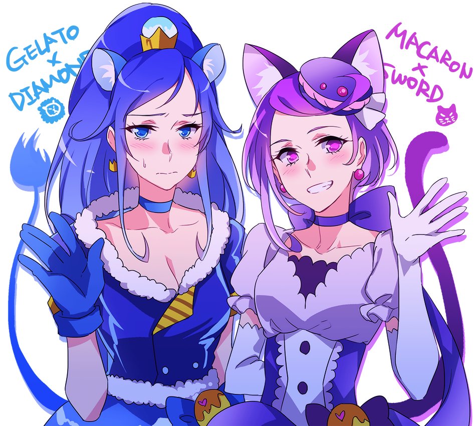 2girls animal_ears blue_eyes blue_gloves blue_hair blush breasts cat_ears cat_tail choker cleavage clenched_teeth cosplay cure_diamond cure_gelato_(cosplay) cure_macaron_(cosplay) cure_sword dokidoki!_precure earrings elbow_gloves gloves hishikawa_rikka jewelry kenzaki_makoto kirakira_precure_a_la_mode lion_ears lion_tail long_hair looking_at_viewer multiple_girls negom ponytail precure purple_hair short_hair simple_background smile tail teeth violet_eyes white_background white_gloves
