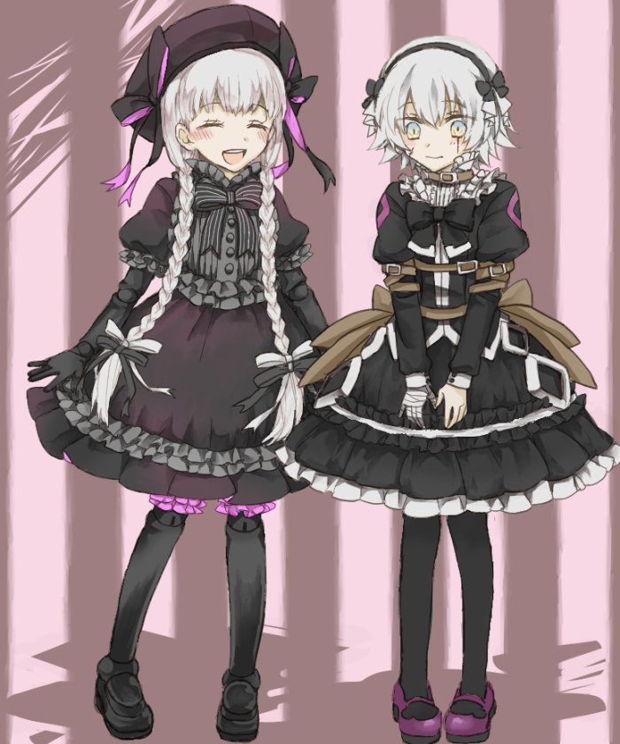2girls alice_(fate/extra) assassin_of_black braid cosplay dress fate/apocrypha fate/extra fate/extra_ccc fate/grand_order fate_(series) hat long_hair multiple_girls nursery_rhyme_(fate/extra) nursery_rhyme_(fate/extra)_(cosplay) ribbon short_hair smile twin_braids white_hair