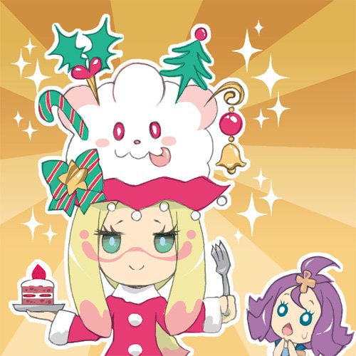 2girls :o acerola_(pokemon) aqua_eyes bangs blonde_hair cake chestnut_mouth chibi christmas closed_mouth elite_four facepaint food fork fruit fur_trim hair_ornament hands_on_own_face holding holding_plate long_hair long_sleeves lowres macedonian_flag matsurika_(pokemon) minogame multiple_girls open_mouth outline paint plate pokemon pokemon_(creature) pokemon_(game) pokemon_sm pom_pom_(clothes) purple_hair santa_costume short_hair slurpuff smile sparkle strawberry sunburst sweatdrop topknot trial_captain