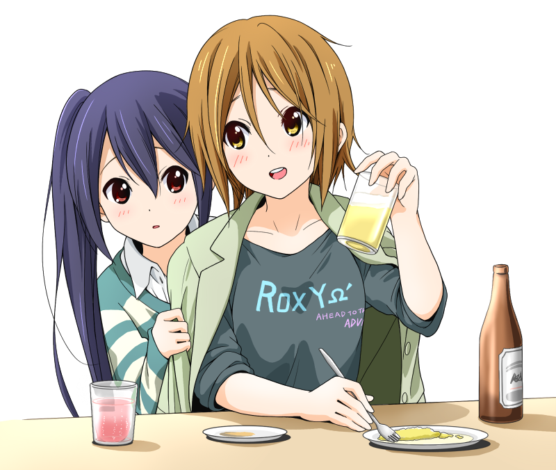 2girls alcohol alternate_costume alternate_hairstyle asahi_breweries beer beer_bottle blue_hair blush brown_eyes casual cup dresstrip drinking_glass food fork hair_down jacket_on_shoulders k-on! looking_back multiple_girls nakano_azusa plate shirt_tug simple_background sitting table tainaka_ritsu twintails white_background