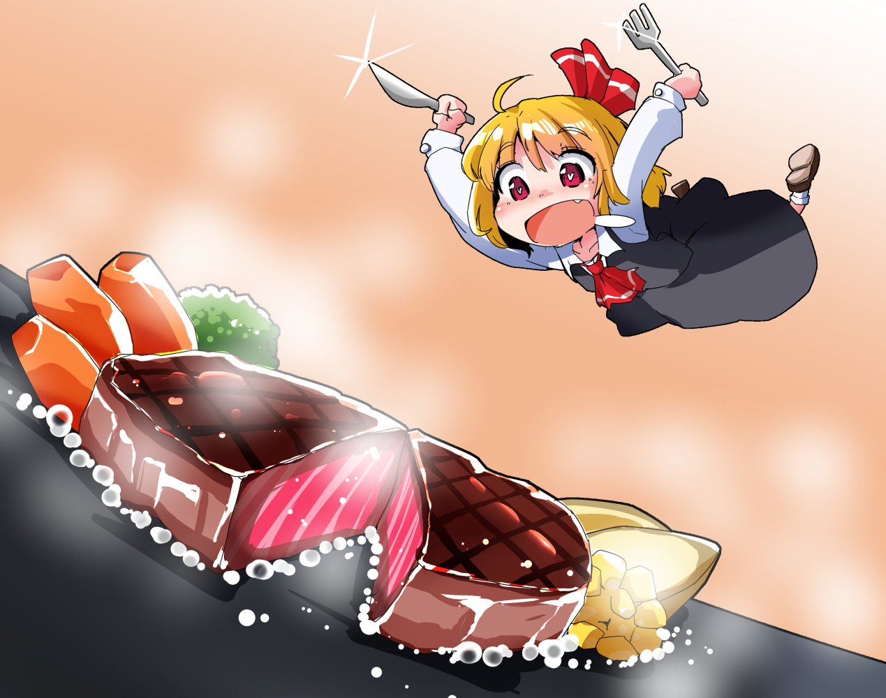 1girl :d ahoge black_skirt black_vest blonde_hair broccoli brown_shoes carrot commentary_request corn drooling fang food fork hair_ribbon heart heart-shaped_pupils knife long_sleeves minigirl open_mouth orange_background potato_wedges pouncing red_eyes red_ribbon ribbon rumia saliva shinapuu shoes short_hair skirt smile soles solo sparkle steak steam symbol-shaped_pupils touhou vest white_legwear