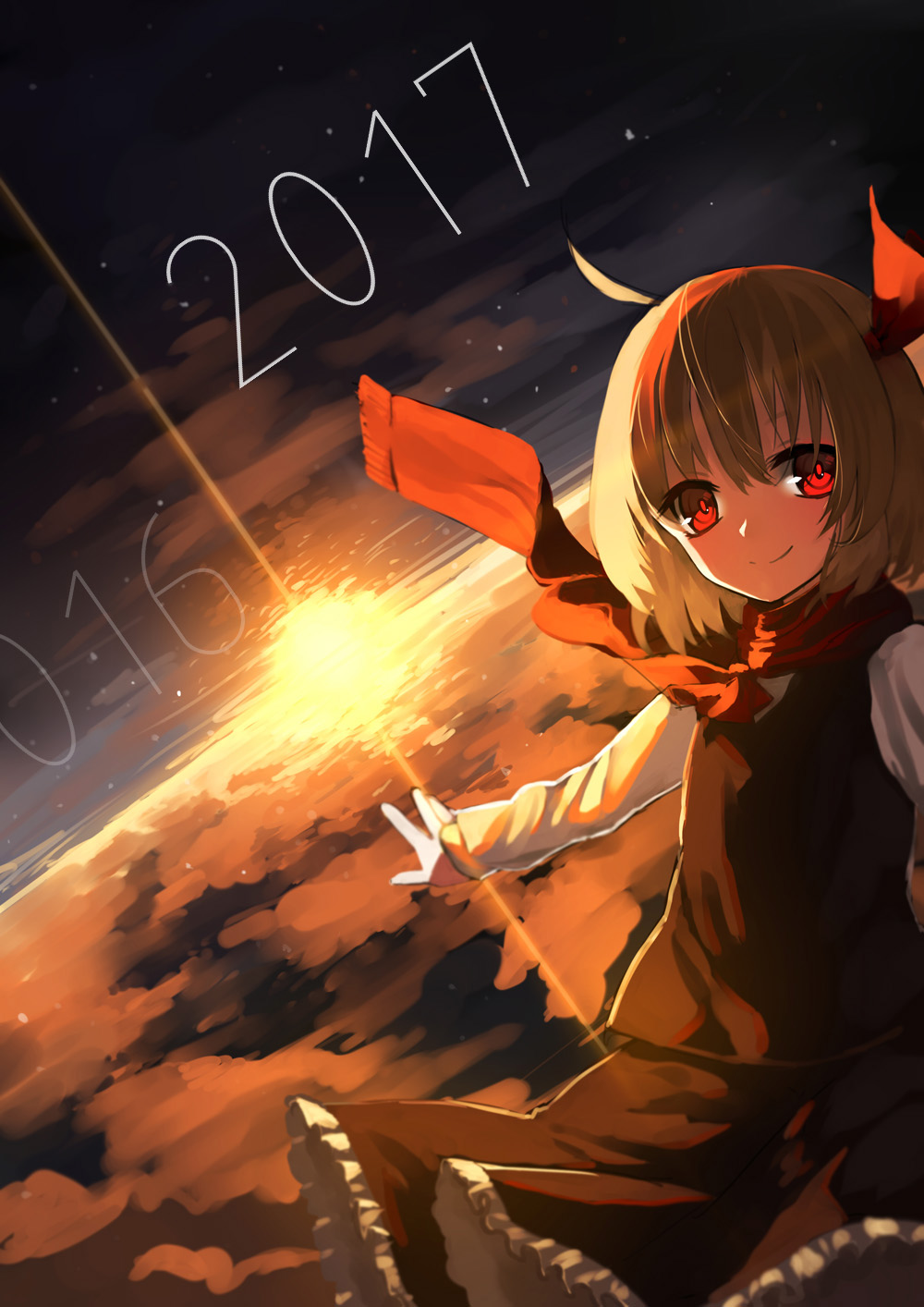 1girl 2016 2017 black_skirt black_vest blonde_hair closed_mouth clouds embellished_costume flying hair_ribbon highres long_sleeves looking_at_viewer outstretched_arms red_eyes red_ribbon red_scarf ribbon rumia scarf sh_(562835932) skirt skirt_set smile solo spread_arms sunrise touhou vest