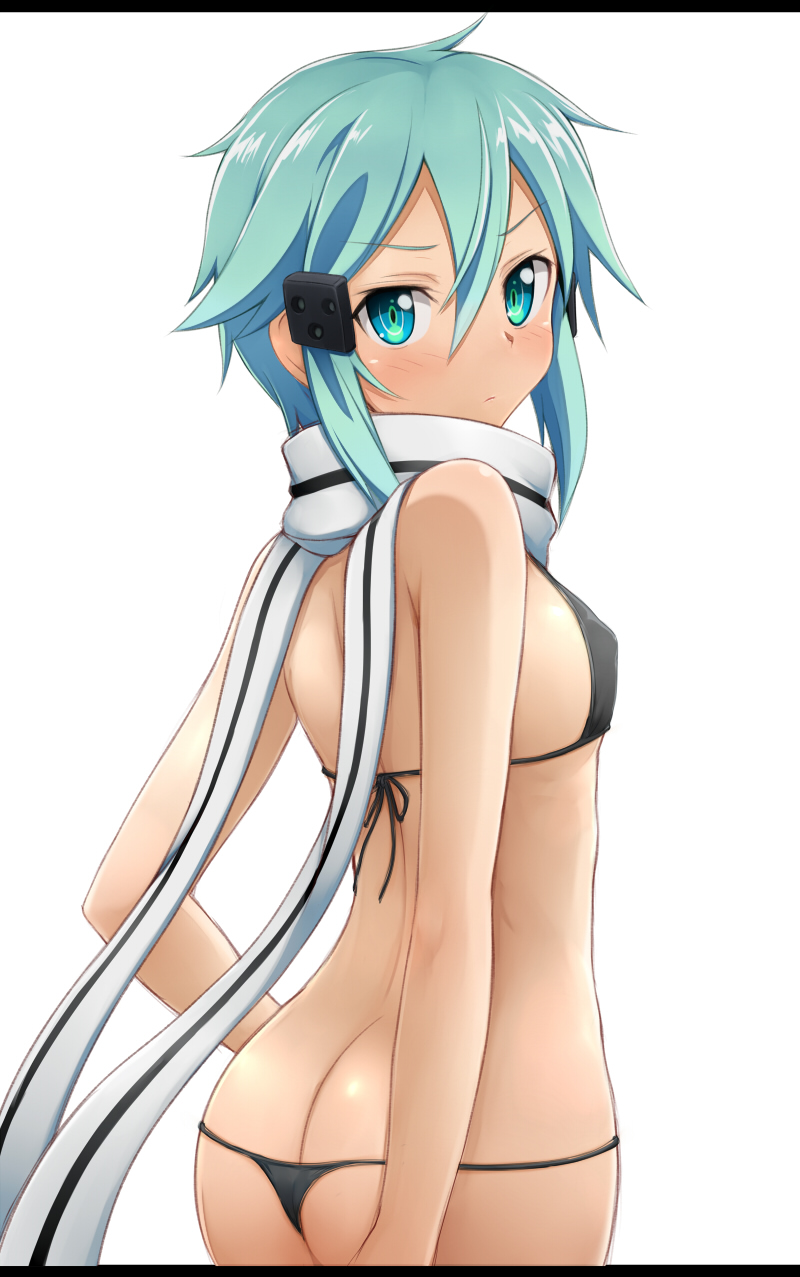 1girl ass bikini blue_eyes blue_hair blush breasts butt_crack highres letterboxed looking_at_viewer looking_back matching_hair/eyes micro_bikini negija scarf shinon_(sao) short_hair small_breasts solo swimsuit sword_art_online white_background