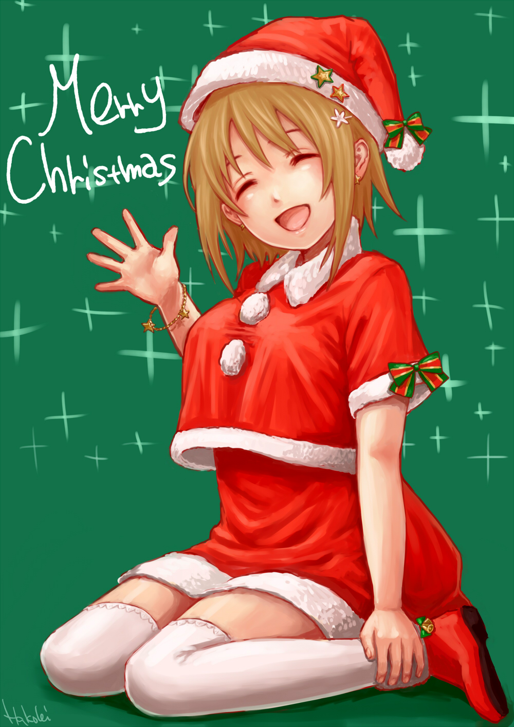 1girl brown_hair closed_eyes flower hair_flower hair_ornament hakobi_(8kb) hat highres idolmaster idolmaster_cinderella_girls long_hair mimura_kanako santa_costume santa_hat short_hair sitting smile solo thigh-highs wariza white_legwear