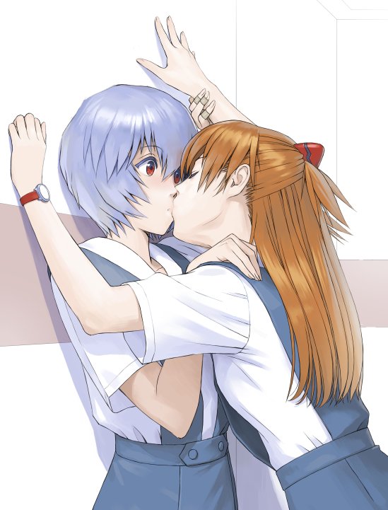 2girls against_wall ayanami_rei bangs blue_hair blush brown_hair hair_ornament high-waist_skirt kiss long_hair multiple_girls neon_genesis_evangelion red_eyes school_uniform short_hair short_sleeves souryuu_asuka_langley upper_body watanabe_yasuaki watch watch yuri