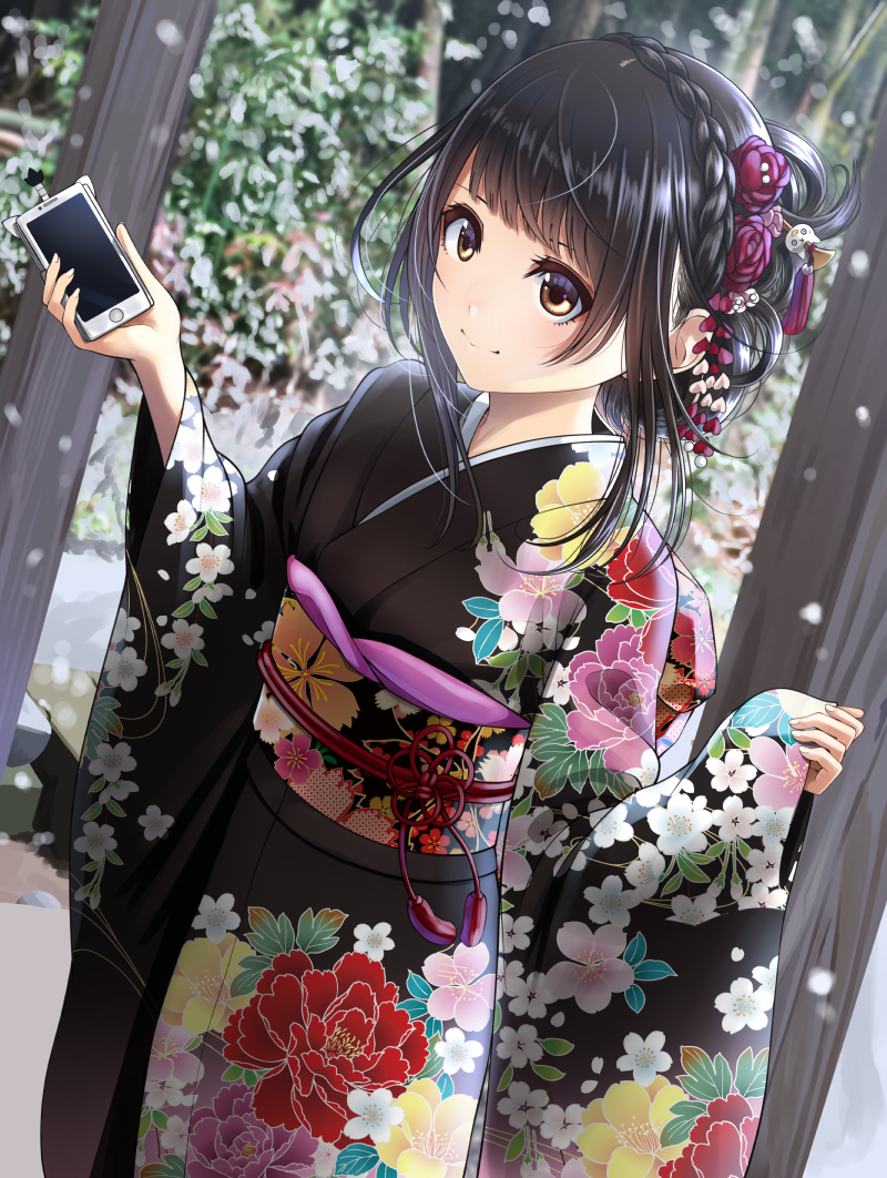 1girl bangs black_hair blush braid brown_eyes cellphone commentary_request crown_braid dutch_angle floral_print flower forest furisode hair_flower hair_ornament hairpin hands_up holding_cellphone japanese_clothes kentaurosu kimono light_smile long_sleeves looking_ahead nature new_year obi original outdoors phone plant sash sidelocks smartphone snowing solo standing tree updo wide_sleeves