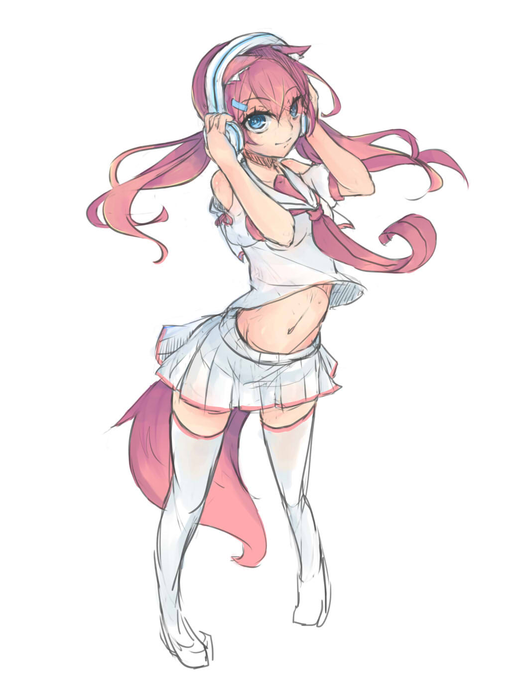 1girl animal_ears blue_eyes breasts fox_ears full_body hair_ornament hairclip headphones highres light_smile long_hair low_twintails miya_(pixiv15283026) navel original pink_hair school_uniform serafuku sketch skirt small_breasts solo stomach thigh-highs twintails white_background white_legwear white_skirt zettai_ryouiki