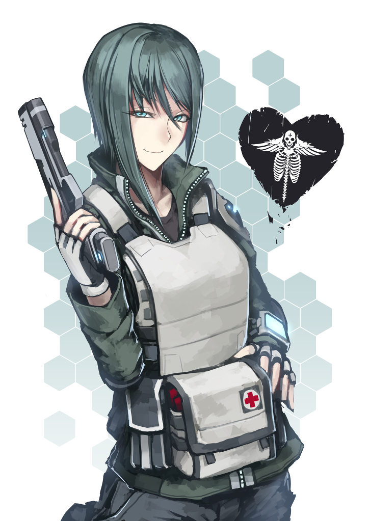 1girl blue_eyes fingerless_gloves gloves gun handgun heart hetza_(hellshock) load_bearing_vest looking_at_viewer medic original pistol red_cross short_hair skeleton smile solo trigger_discipline weapon wings