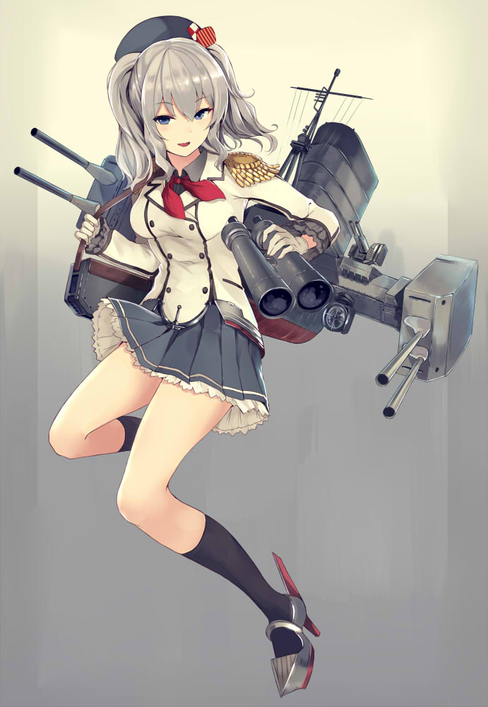 1girl anchor beret binoculars black_legwear blue_eyes blue_skirt breasts collared_shirt epaulettes eyebrows_visible_through_hair frilled_skirt frilled_sleeves frills gloves grey_background grey_shirt hat jacket kantai_collection kashima_(kantai_collection) long_hair long_sleeves looking_at_viewer machinery nakaichi_(ridil) open_mouth pleated_skirt red_neckerchief rudder_shoes searchlight shirt silver_hair skirt smokestack socks solo strap turret twintails white_gloves white_jacket