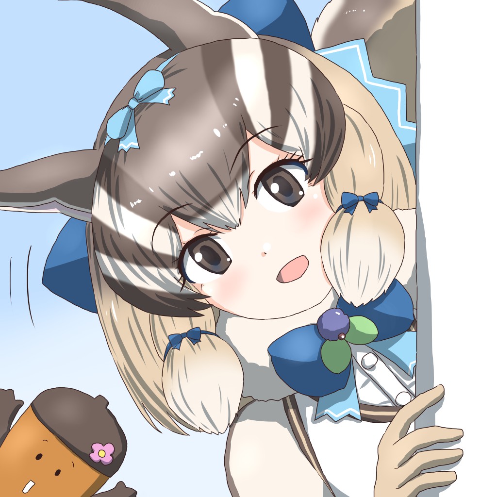 1girl acorn animal_costume animal_ear_fluff animal_ears bow bowtie brown_eyes brown_hair chipmunk_costume chipmunk_ears chipmunk_girl chipmunk_tail extra_ears gloves kemono_friends kemono_friends_v_project looking_at_viewer microphone mukouyama_mu multicolored_hair open_mouth ribbon scarf shirt short_hair siberian_chipmunk_(kemono_friends) simple_background tail vest virtual_youtuber