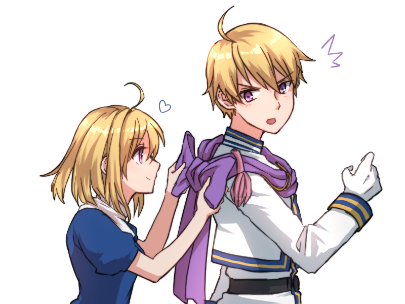 /\/\/\ 1boy 1girl ahoge belt blonde_hair blouse blush bow brother_and_sister chester_stoddart elena_stoddart gloves heart kumakosion looking_at_another looking_back military military_uniform open_mouth profile scarf short_hair siblings smile surprised turtleneck tying uniform upper_body violet_eyes white_background ys ys_iii_wanderers_of_ys