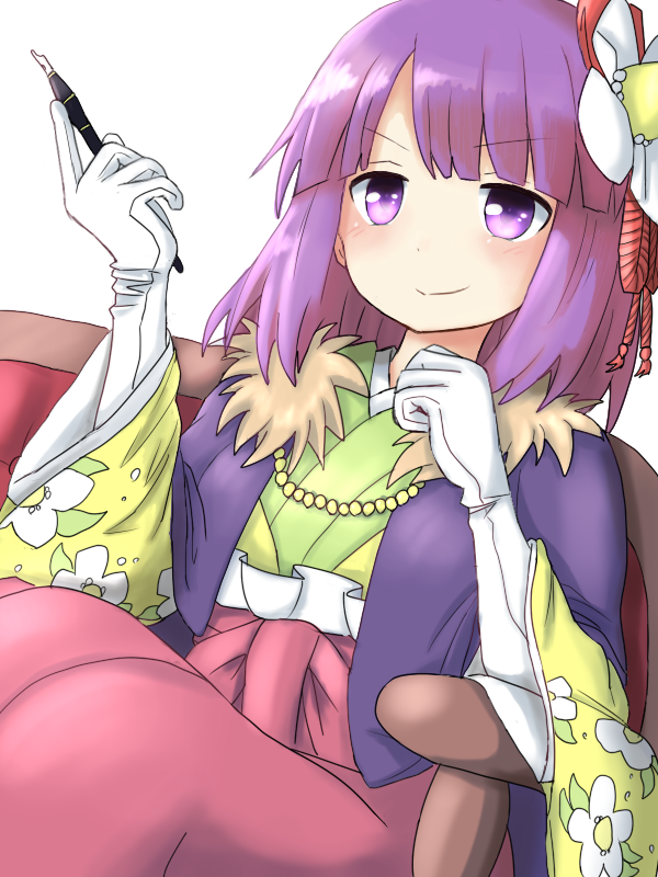 1girl :&gt; armrest blue_robe couch dadamori floral_print flower fountain_pen fur_collar gloves hair_flower hair_ornament hakama hand_up hieda_no_akyuu japanese_clothes jewelry kimono necklace pen purple_hair short_hair simple_background sitting smile solo touhou violet_eyes white_background white_gloves