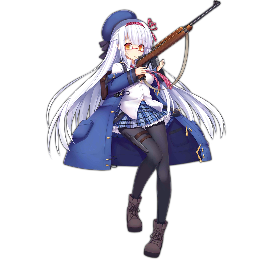 1girl artist_request backpack bag coat full_body girls_frontline gun hairband hat long_hair looking_at_viewer m1_carbine m1a1_(girls_frontline) magazine_(weapon) necktie official_art orange_eyes pantyhose pleated_skirt rifle school_uniform shirt skirt solo transparent_background trench_coat untucked_shirt weapon white_hair