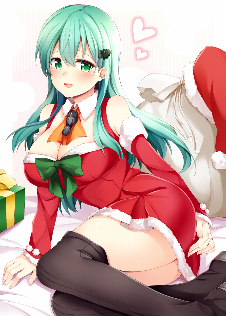 1girl :d aqua_hair ascot bare_shoulders black_legwear blush bow bowtie box breasts christmas cleavage detached_collar detached_sleeves dress fur_trim gift gift_box green_bow green_bowtie green_eyes hair_between_eyes hair_ornament hat hat_removed headwear_removed heart kantai_collection large_breasts long_hair long_sleeves looking_at_viewer open_mouth over-kneehighs red_dress revision rui_shi_(rayze_ray) sack santa_costume santa_hat short_dress sitting smile solo suzuya_(kantai_collection) thigh-highs