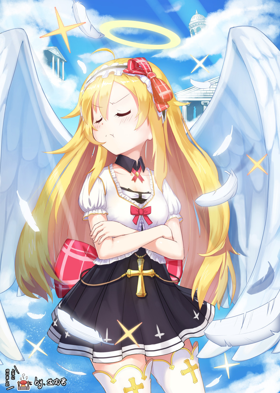 1girl angel angel_wings blonde_hair blush closed_eyes cross crossed_arms feathers halo heaven highres long_hair miyabi_(w42949) original pout solo thigh-highs translation_request tsundere white_legwear wings