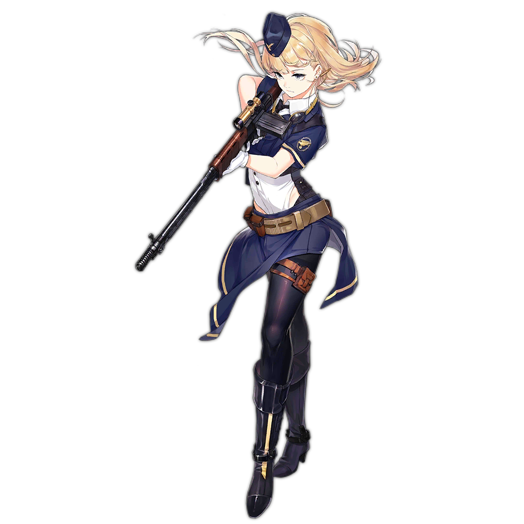 1girl artist_request battle_rifle blonde_hair boots fg42 fg42_(girls_frontline) full_body girls_frontline gloves grey_eyes gun hat high_heels knee_boots long_hair machine_gun magazine_(weapon) magazine_pouch military military_uniform official_art pantyhose rifle scope skirt transparent_background uniform weapon