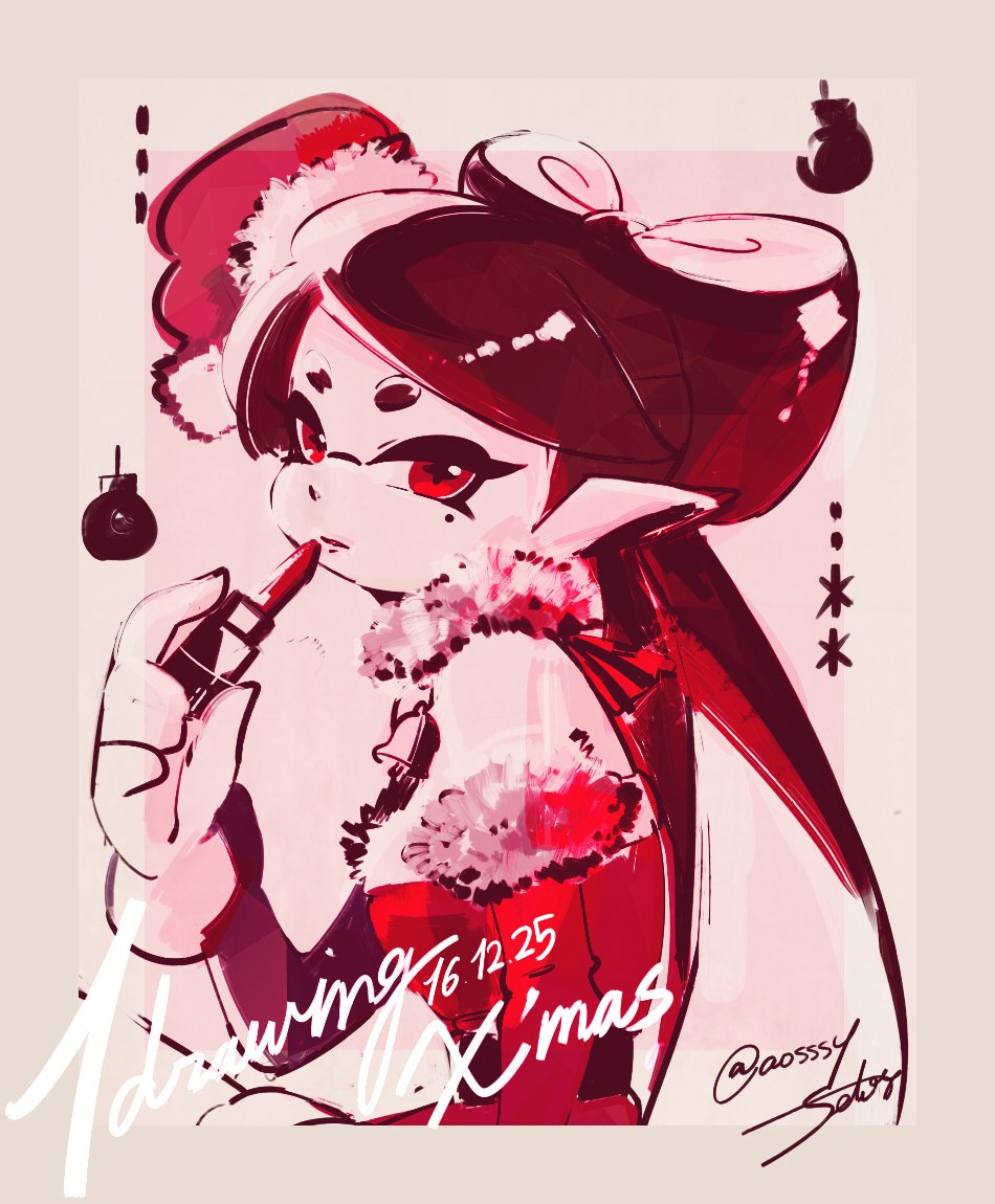 +_+ 1girl aori_(splatoon) artist_name bell black_hair christmas christmas_ornaments closed_mouth commentary_request dated detached_collar domino_mask dress english from_side gloves hat holding jingle_bell lipstick long_hair looking_at_viewer makeup mask mini_hat mole mole_under_eye monochrome pointy_ears red red_dress red_eyes red_hat santa_costume santa_hat seto_(asils) signature sketch solo splatoon standing strapless strapless_dress tentacle_hair twitter_username upper_body