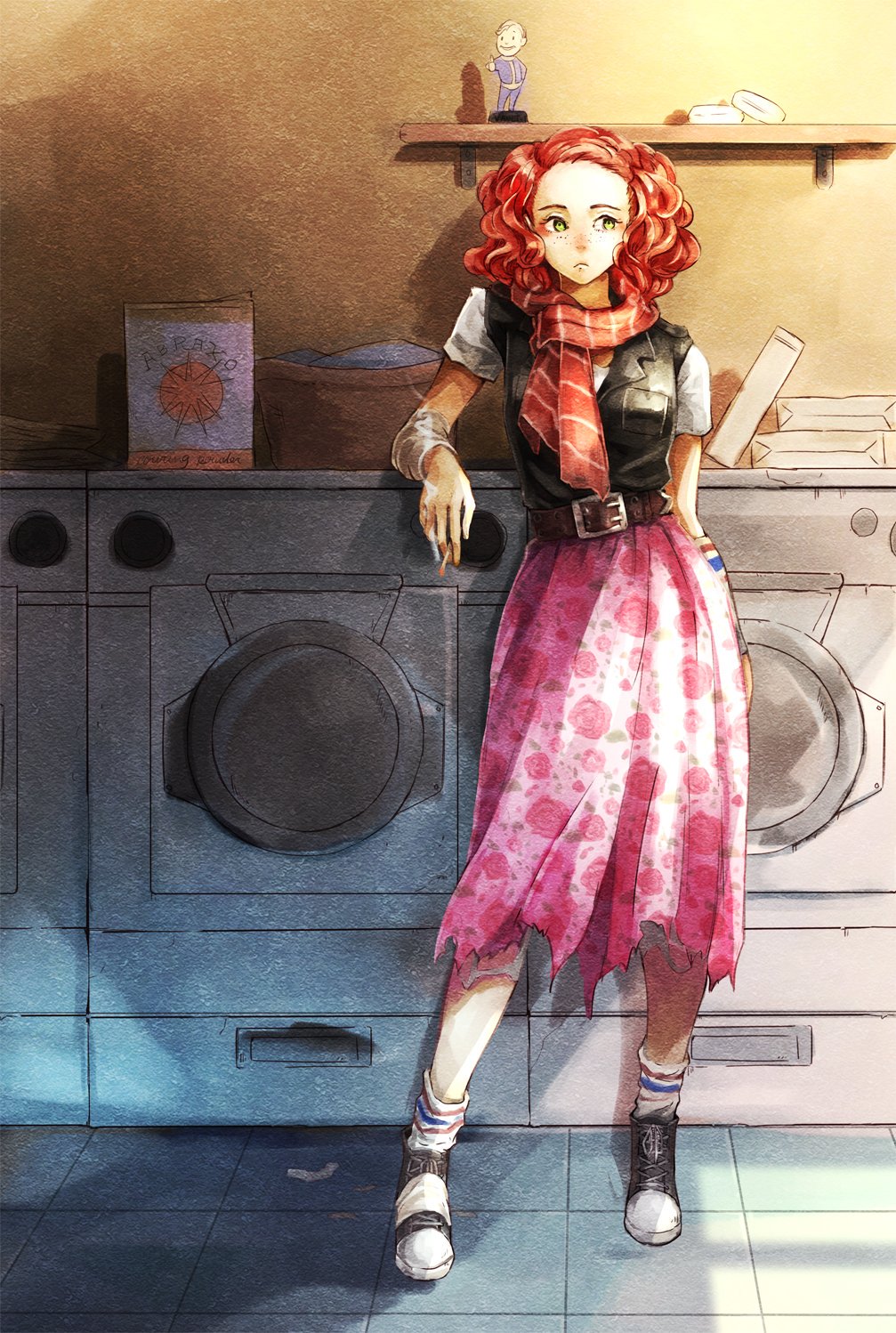 1girl alternate_costume alternate_hairstyle arm_warmers bobblehead cait_(fallout_4) cigarette dress fallout fallout_4 floral_print freckles frown green_eyes highres redhead scarf shoes short_sleeves smoke soap solo tile_floor tiles torn_clothes vault_boy vest washing_machine yacco