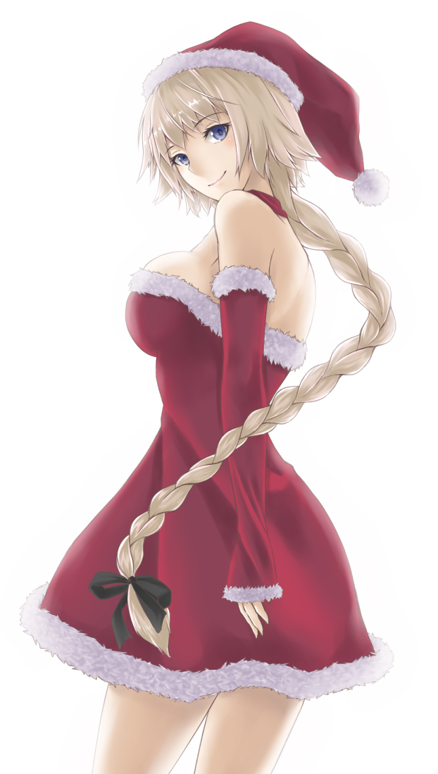 1girl bare_shoulders blonde_hair blue_eyes breasts detached_sleeves enchuu fate/grand_order fate_(series) hat large_breasts long_hair ruler_(fate/apocrypha) santa_costume santa_hat sideboob smile solo white_background