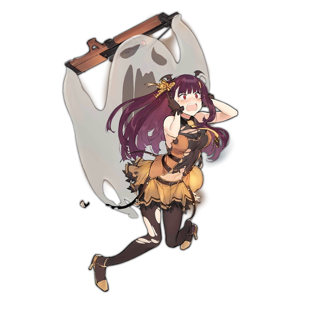 1girl :o alternate_costume bare_shoulders bat_hair_ornament belt black_gloves black_legwear blush bow bullpup crying crying_with_eyes_open duoyuanjun eyebrows eyebrows_visible_through_hair full_body ghost girls_frontline gloves gun hair_bow hair_ornament halloween halloween_costume hand_on_own_head high_heels holding holding_gun holding_weapon long_hair looking_away navel necktie nose_blush official_art open_mouth pantyhose personification pumpkin purple_hair red_eyes rifle scared sniper_rifle solo tears torn_clothes torn_pantyhose transparent_background very_long_hair wa2000_(girls_frontline) walther walther_wa_2000 weapon