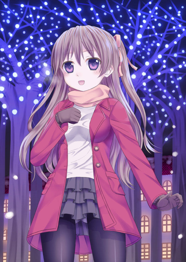1girl :d bangs black_legwear black_skirt blush breasts breath brown_gloves brown_hair building buttons christmas coat eyebrows_visible_through_hair gloves hair_ribbon hand_on_own_chest ikeda_yuuki layered_skirt lights long_hair long_sleeves looking_at_viewer medium_breasts night one_side_up open_mouth original outdoors panties panties_under_pantyhose pantyhose pantyshot pink_ribbon pink_scarf pocket red_coat revision ribbon scarf skirt smile snowing solo tree underwear violet_eyes window