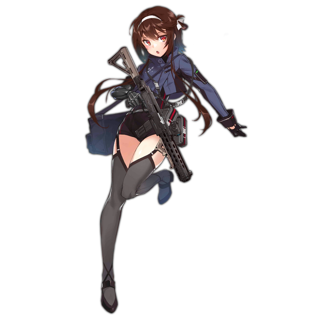 1girl artist_request brown_hair garter_straps girls_frontline gloves gun hairband holding holding_weapon long_hair looking_at_viewer magazine_(weapon) official_art red_eyes rifle sling thigh-highs trigger_discipline type_79_(girls_frontline) type_79_smg weapon