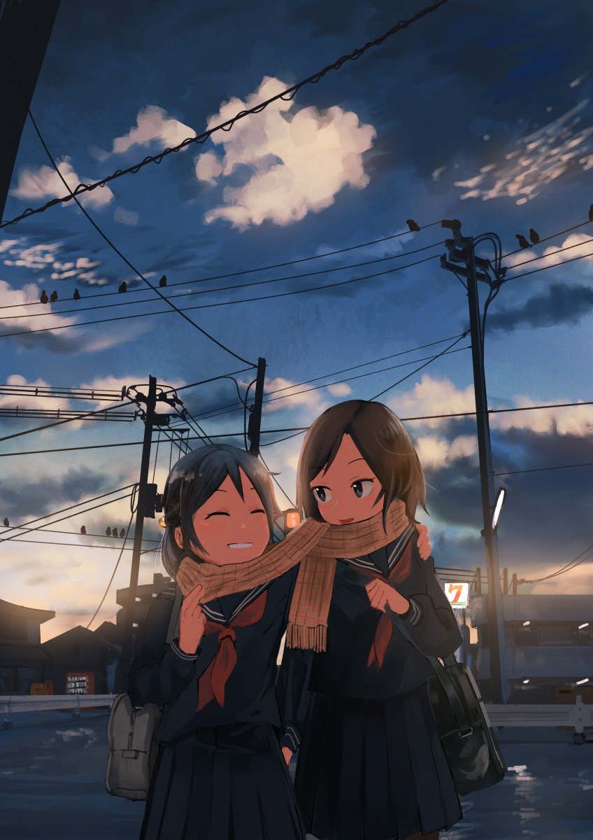 2girls ^_^ bag bird black_serafuku black_skirt blue_eyes blue_hair blue_sky brown_hair brown_scarf checkered_scarf closed_eyes clouds cloudy_sky convenience_store evening facing_another fringe grin hand_on_another's_shoulder hand_up highres holding_bag inami_hatoko looking_at_another multiple_girls neckerchief original outdoors parted_lips pleated_skirt railing scarf school_bag school_uniform serafuku shared_scarf shop shoulder_bag skirt sky smile teeth