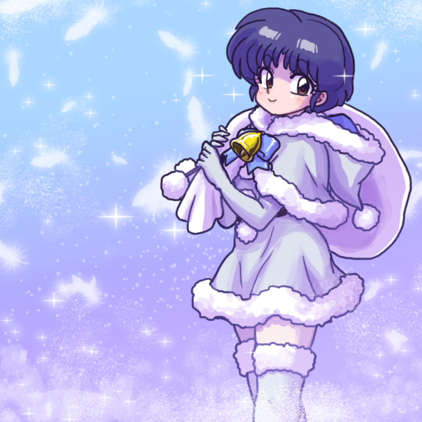 1girl aqua_dress aqua_santa_costume bag bangs bell blue_bow blue_hair boots bow brown_eyes capelet carrying closed_mouth cowboy_shot dress elbow_gloves gloves hat hooded jingle_bell looking_at_viewer oversized_object ranma_1/2 santa_hat short_hair smile solo sparkle standing tendou_akane thigh-highs thigh_boots wantan-orz white_boots white_gloves