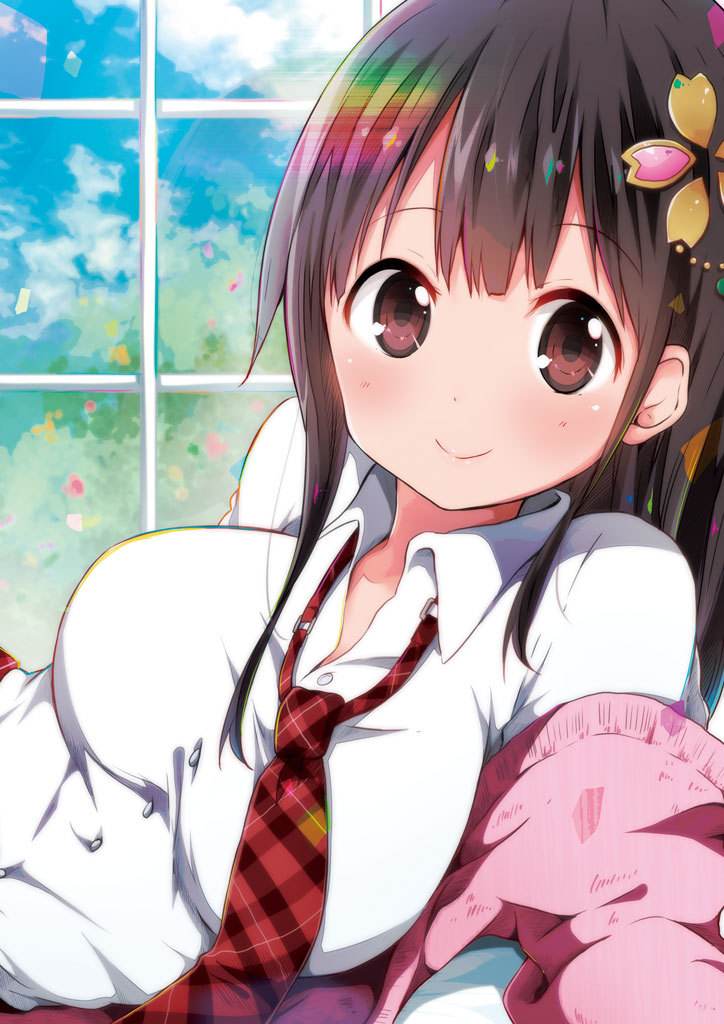 1girl bangs black_hair blue_sky blush boshuu-chan breasts brown_eyes cardigan checkered checkered_necktie chromatic_aberration close-up clouds cloudy_sky collared_shirt day dress_shirt hair_ornament large_breasts long_hair looking_at_viewer loose_necktie lying necktie on_side original ragho_no_erika rainbow red_necktie shirt sky smile solo white_shirt window