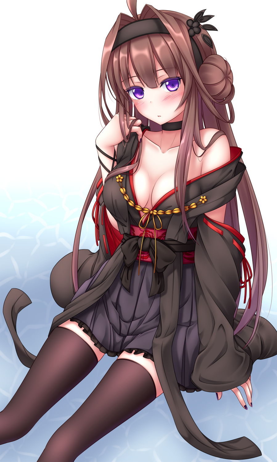 1girl ahoge alternate_color alternate_headwear bare_shoulders blush breasts brown_hair brown_legwear choker cleavage_cutout color_switch commentary_request hair_intakes hair_ornament hairband hairclip highres kantai_collection kongou_(kantai_collection) large_breasts looking_at_viewer nail_polish nontraditional_miko off_shoulder sitting skirt solo thigh-highs violet_eyes wide_sleeves yoye_(pastel_white)