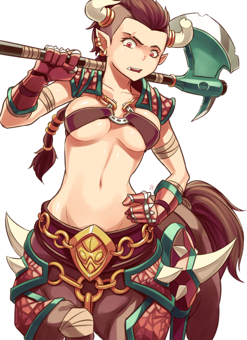 1girl axe body_piercings bradwarden brown_hair centaur defense_of_the_ancients dota_2 genderswap genderswap_(mtf) holding holding_weapon horns jewelry light_background open_mouth pointy_ears red_eyes sieyarelow simple_background solo weapon white_background