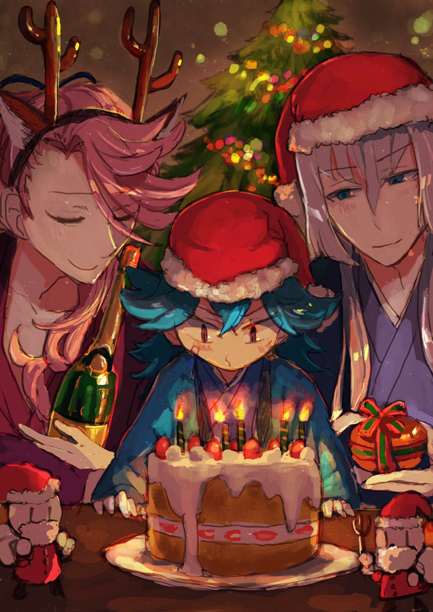 3boys antlers blue_eyes blue_hair bottle cake candle christmas christmas_tree closed_eyes fake_antlers food gift hat highres kousetsu_samonji male_focus multiple_boys pink_hair pippi_(pixiv_1922055) reindeer_antlers santa_hat sayo_samonji smile souza_samonji touken_ranbu