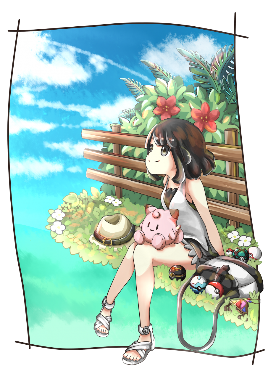 1girl arms_behind_back bag bangs bare_arms bare_legs bare_shoulders belt black_border black_eyes black_hair black_shorts blue_sky border bush clefairy clouds condensation_trail cutoffs day dive_ball female_protagonist_(pokemon_sm) fence flower grass handbag hat hat_belt hat_removed headwear_removed highres knees_together_feet_apart koyori-018 leaf looking_up luxury_ball outdoors parted_bangs poke_ball pokemon pokemon_(game) pokemon_sm premier_ball sandals shirt shoes short_hair shorts simple_background sitting sky smile solo stuffed_toy tank_top trilby white_background white_shirt white_shoes wooden_fence