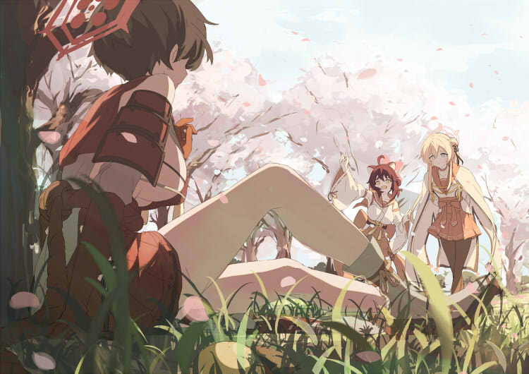 ahoge animal_ears black_hair blue_archive blue_eyes braid braided_bun breast_curtain breasts brown_hair cherry_blossoms crop_top crop_top_overhang day grass hair_bun halo hip_vent japanese_clothes kaede_(blue_archive) large_breasts mimori_(blue_archive) momiji_oroshi outdoors pantyhose petals pink_hair raccoon_ears red_sailor_collar sailor_collar sideboob sideless_outfit single_side_bun spring_(season) tree tsubaki_(blue_archive) yellow_eyes