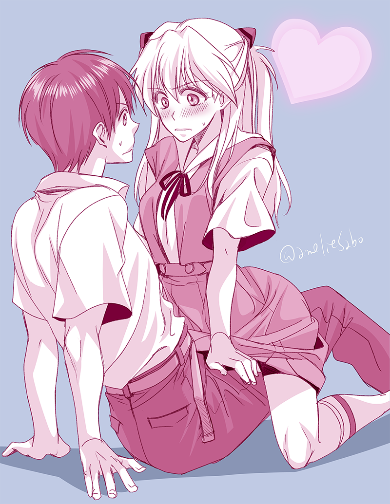 1boy 1girl amelie blush heart ikari_shinji monochrome neon_genesis_evangelion school_uniform skirt souryuu_asuka_langley straddling tagme uniform