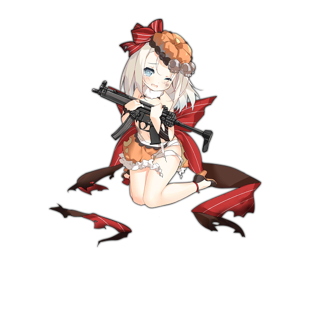 1girl artist_request blue_eyes blush covering covering_chest full_body girls_frontline gun h&amp;k_mp5 halloween halloween_costume heckler_&amp;_koch high_heels long_hair looking_at_viewer mp5_(girls_frontline) official_art pumpkin_hat shirt skirt submachine_gun tears torn_clothes torn_shirt torn_skirt transparent_background weapon white_hair