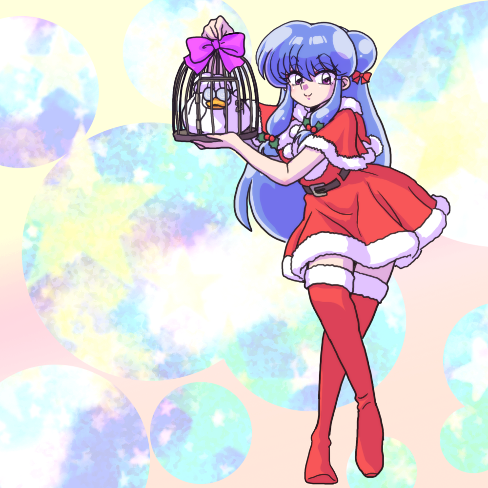 1girl belt bird birdcage blue_hair boots bow cage capelet closed_mouth double_bun dress duck full_body glasses hair_bow hair_ornament hat holding holly_hair_ornament legs_crossed long_hair looking_at_viewer mousse_(duck) multicolored_background ranma_1/2 red_boots red_dress red_hat santa_costume santa_hat shampoo_(ranma_1/2) short_dress smile standing star starry_background thigh-highs thigh_boots violet_eyes wantan-orz