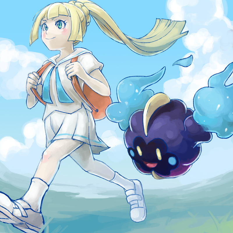 1girl :d backpack bag bangs blonde_hair blue_sky blunt_bangs blush braid closed_mouth clouds cloudy_sky cosmog day french_braid grass green_eyes high_ponytail legendary_pokemon lillie_(pokemon) long_hair miniskirt open_mouth outdoors pleated_skirt pokemon pokemon_(creature) pokemon_(game) pokemon_sm polyacryla running shirt shoes short_sleeves skirt sky smile socks sparkle white_shirt white_shoes white_skirt