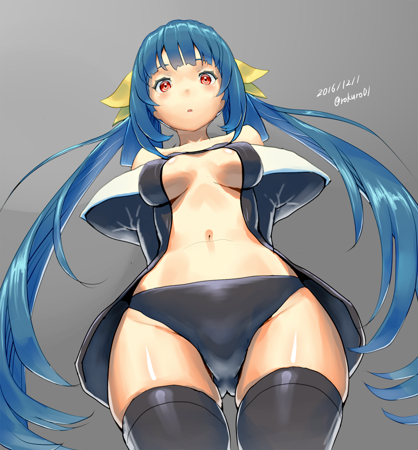 1girl arms_behind_back bare_shoulders black_legwear black_panties blue_hair blush breasts center_opening dated detached_sleeves dizzy from_below gluteal_fold guilty_gear guilty_gear_xrd navel no_wings panties red_eyes revealing_clothes solo stomach thigh-highs twintails under_boob underwear zaki_(narashigeo)