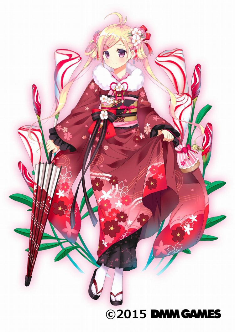 1girl ahoge blonde_hair closed_umbrella floral_print flower flower_knight_girl full_body hair_flower hair_ornament hair_rings japanese_clothes kimono kurot long_hair looking_at_viewer obi object_namesake official_art oxalis_(flower_knight_girl) print_yukata red_yukata sandals sash smile socks solo standing twintails umbrella violet_eyes yukata