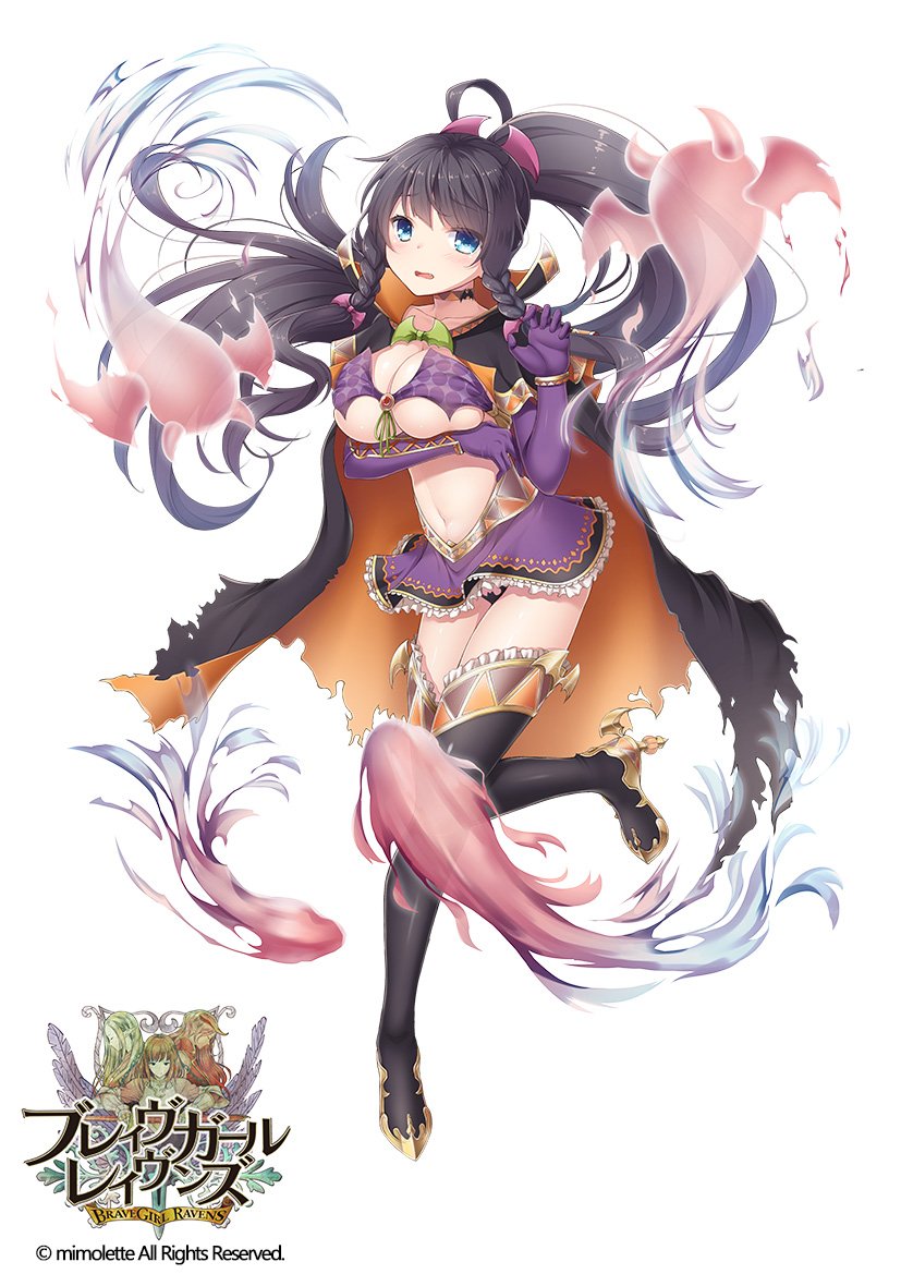 1girl akatsuki_rabbit black_boots black_hair black_panties blue_eyes boots braid brave_girl_ravens breast_rest breasts cape elbow_gloves full_body gloves large_breasts long_hair looking_at_viewer mia_streia micro_panties midriff miniskirt navel official_art panties ponytail purple_gloves purple_skirt revealing_clothes skirt solo standing standing_on_one_leg thigh-highs thigh_boots twin_braids underwear white_background