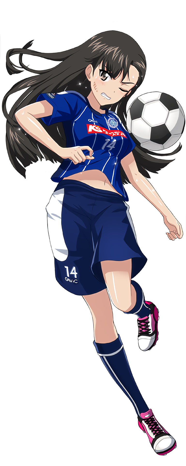 1girl ball bangs black_hair blue_legwear blue_shorts blush brown_eyes cleats clenched_teeth clothes_writing emblem girls_und_panzer highres j._league jersey kneehighs long_hair mito_hollyhock navel nishi_kinuyo number one_eye_closed one_leg_raised parted_lips pink_shoes shiny shiny_skin shoes short_sleeves shorts simple_background soccer soccer_ball soccer_uniform solo sportswear stomach teeth white_background