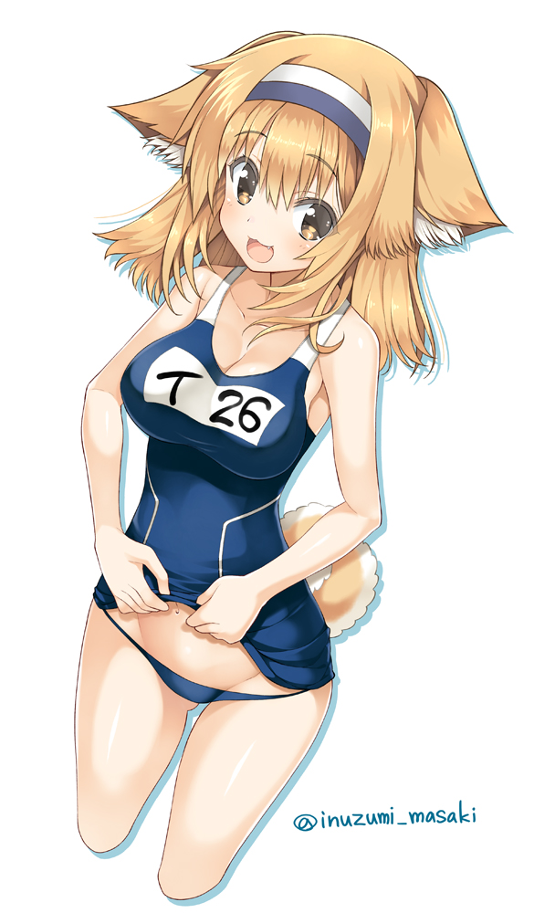 1girl :3 :d animal_ears bangs bare_arms bare_shoulders blonde_hair blush breasts character_name cleavage cropped_legs dog_ears dog_tail dutch_angle eyebrows_visible_through_hair fang groin hairband i-26_(kantai_collection) inuzumi_masaki kantai_collection kemonomimi_mode long_hair looking_at_viewer medium_breasts name_tag navel one-piece_swimsuit open_mouth school_swimsuit simple_background smile solo stomach swimsuit swimsuit_lift tail white_background