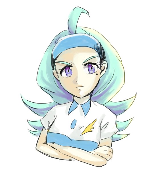 &gt;:| 1girl :| ahoge aqua_hair blue_hat buttons closed_mouth collared_shirt crossed_arms elite_four feathers hat kahili_(pokemon) kure_(c_lay90) long_hair looking_at_viewer mole mole_under_eye pokemon pokemon_(game) pokemon_sm shirt short_sleeves simple_background sketch solo striped striped_shirt violet_eyes visor_cap white_background