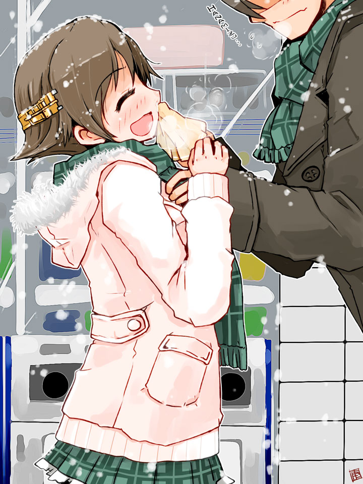 1boy 1girl :d ^_^ blush brown_coat brown_hair closed_eyes closed_mouth coat eyebrows_visible_through_hair fur_trim green_scarf hairband hiei_(kantai_collection) hooded_coat kanoe_soushi kantai_collection long_sleeves open_mouth outdoors pink_coat plaid plaid_skirt pleated_skirt profile runny_nose scarf short_hair sideways_mouth skirt smile snow standing translation_request wiping_nose