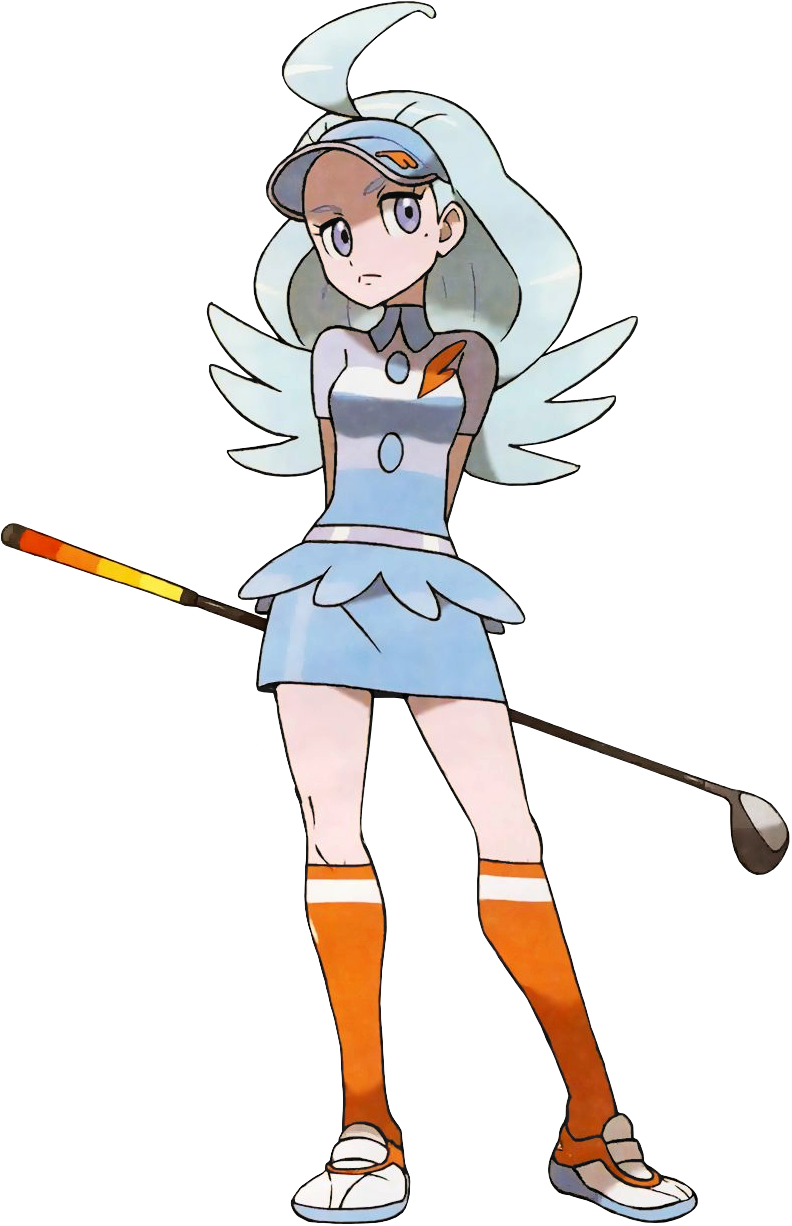 1girl ahoge aqua_hair arms_behind_back belt blue_hat blue_skirt breasts buttons closed_mouth collared_shirt feathers frown full_body golf_club hat highres holding kahili_(pokemon) kneehighs lavender_eyes long_hair looking_away looking_to_the_side medium_breasts miniskirt mole mole_under_eye official_art oomura_yuusuke orange_legwear pencil_skirt pokemon pokemon_(game) pokemon_sm shirt shoes simple_background skirt solo standing striped striped_shirt transparent_background visor_cap white_shoes