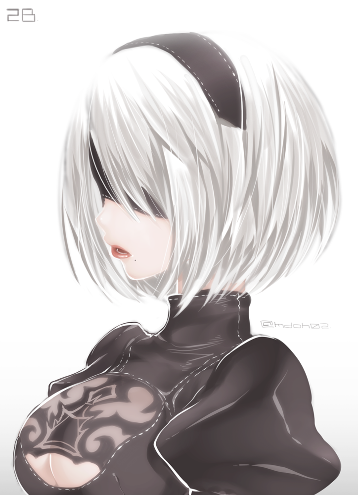 1girl blindfold breasts cleavage hairband lipstick makeup mole mole_under_mouth mudou_eichi nier_(series) nier_automata parted_lips puffy_sleeves red_lipstick short_hair solo white_hair yorha_unit_no._2_type_b