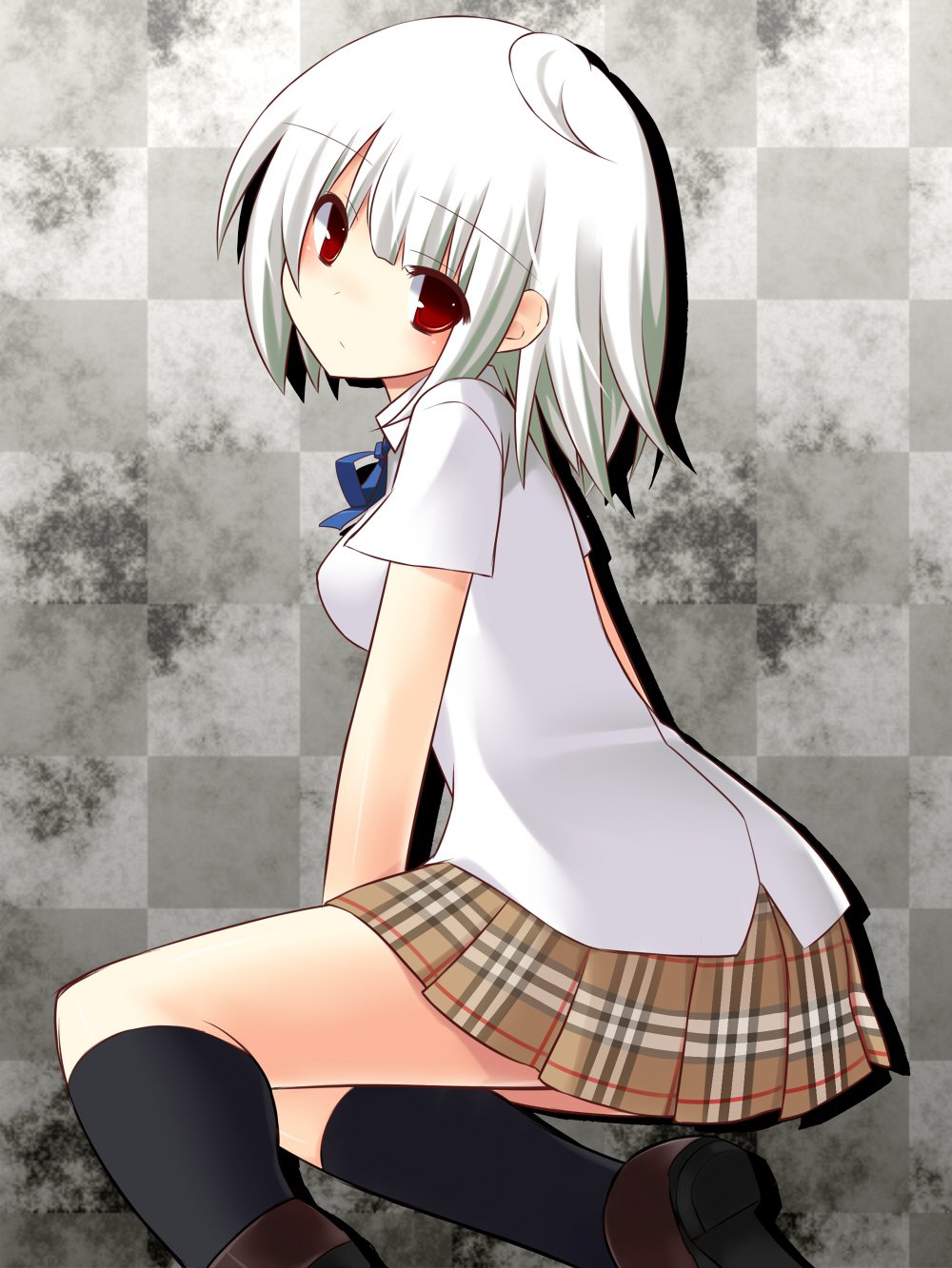 1girl ahoge albino bangs black_legwear blue_ribbon blush breasts brown_shoes checkered checkered_background collared_shirt dress_shirt eyebrows_visible_through_hair from_side highres kneehighs loafers looking_at_viewer looking_back medium_breasts original plaid plaid_skirt pleated_skirt red_eyes ribbon school_uniform shiny shiny_skin shirt shoes short_hair silver_hair skirt solo squatting tsukumiya_amane white_shirt