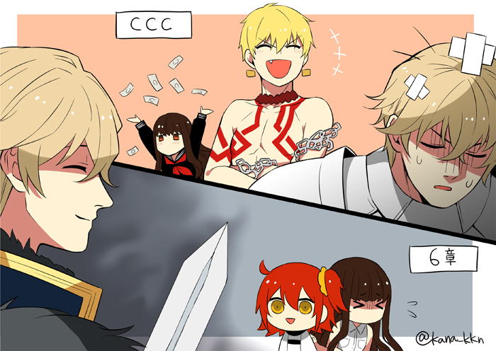 &gt;_&lt; +++ 2boys 2girls aura bandaid closed_eyes comic commentary_request crossed_arms dark_aura fate/extra fate/extra_ccc fate/grand_order fate/stay_night fate_(series) fujimaru_ritsuka_(female) gawain_(fate/extra) gilgamesh jitome kana kishinami_hakuno_(female) long_hair money multiple_boys multiple_girls open_mouth riyo_(lyomsnpmp)_(style) shaded_face short_hair smile sword throwing_money twitter_username weapon
